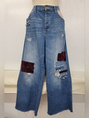 Boho Hippie Wide Leg  Jeans With Patchwork Upcycled Vintage Style